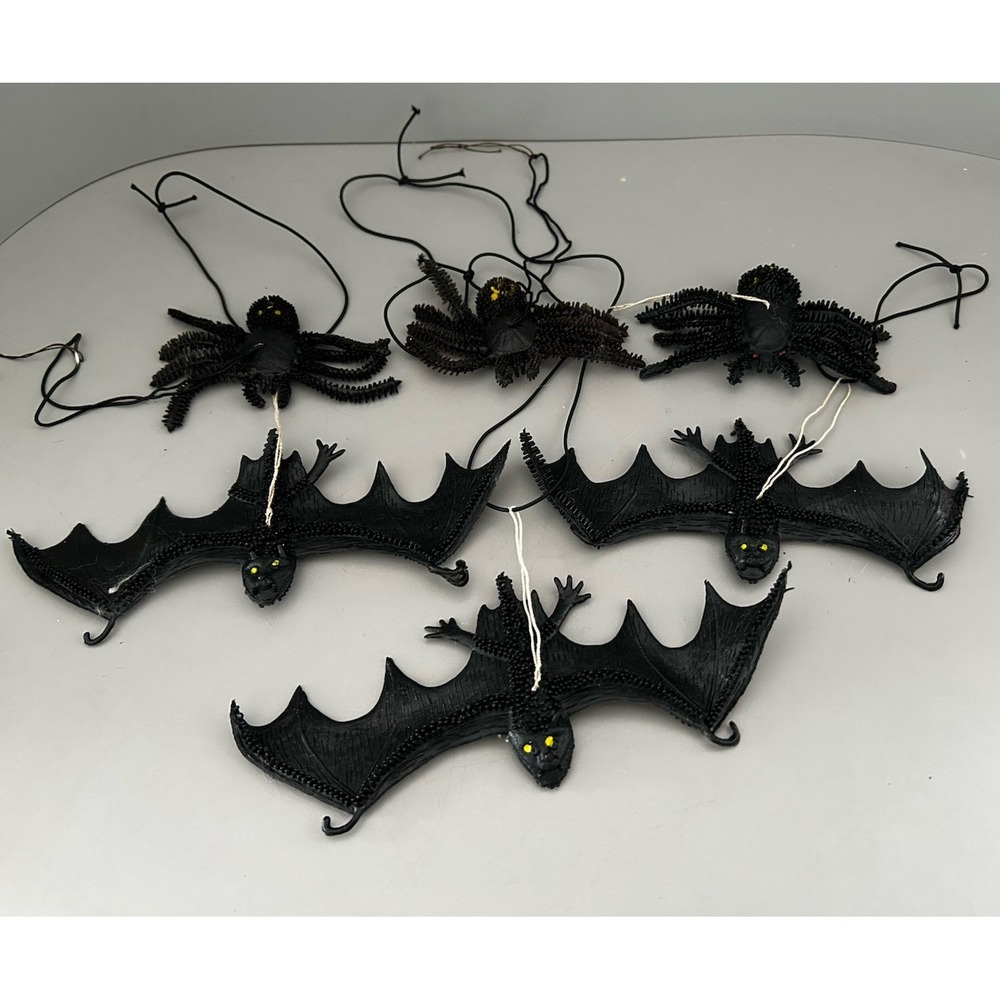 Vintage Halloween Dangling Jigglers Black Rubber Bats 8" & Spiders 4" Hong Kong
